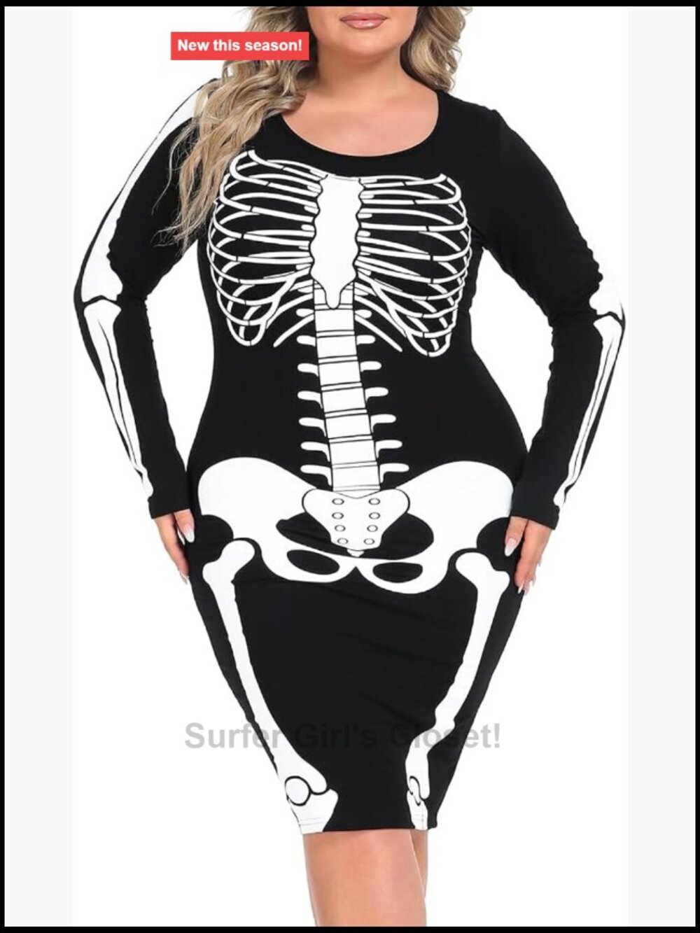Women's Plus Size Skeleton Midi Bodycon Dress Halloween Costume Long Sleeve